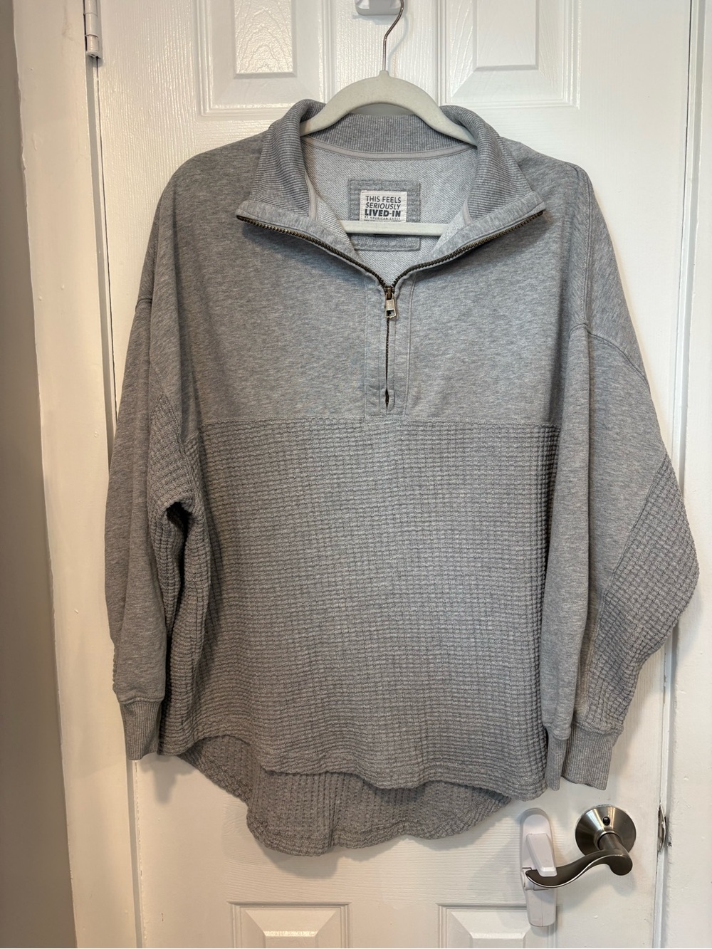 American Eagle Seriously Lived-In Gray Waffle Knit Oversized Quarter Zip Pullove